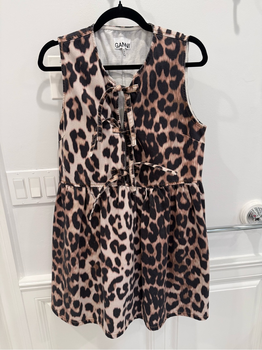 Ganni Brown and Black Leopard Tie-Front Mini Dress
